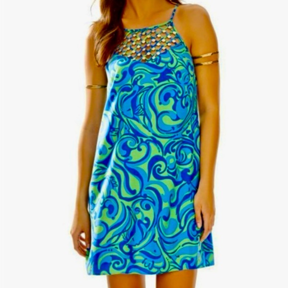 Lilly Pulitzer Dresses & Skirts - Lilly Pulitzer Reesy Dress Size XL I’m No Angel print Blue Green Fish Vacation